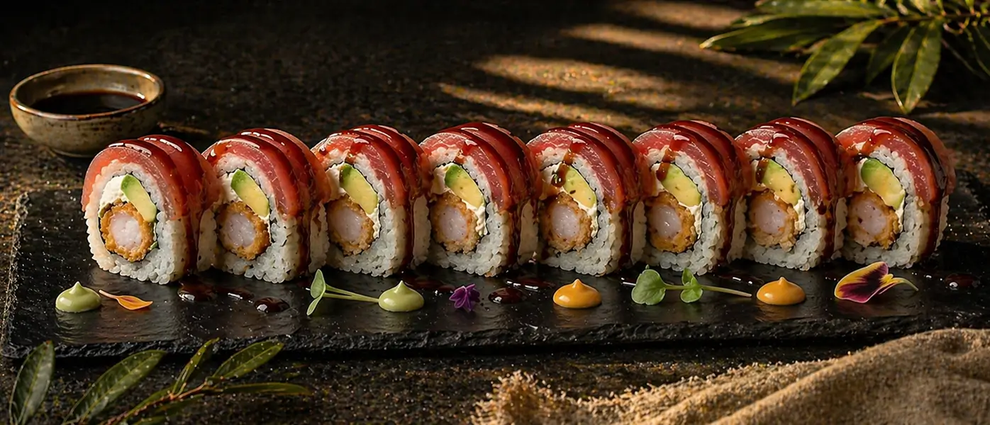 165. BLACK TIGER ROLL <!-- SPECIAL SUSHI | Tempura Garnele, Avocado, Frischkäse, bedeckt mit Thunfisch Soße: Teriyaki Sauce -->