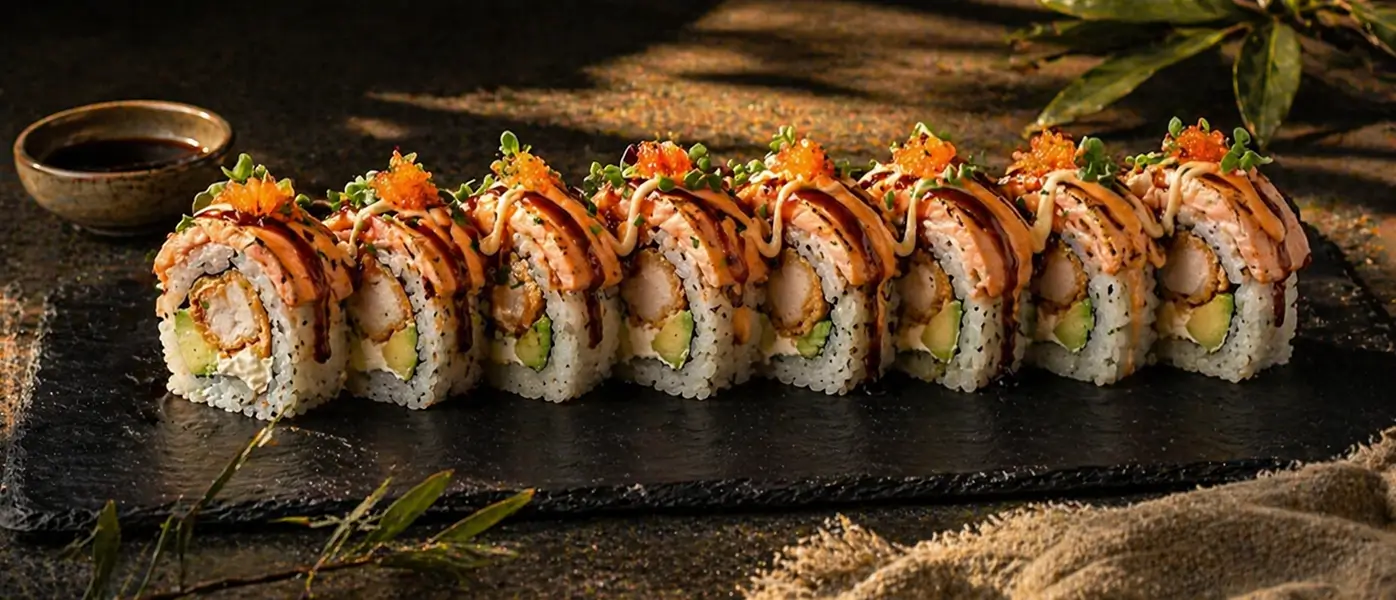 167. CHICKEN SPECIAL ROLL <!-- SPECIAL SUSHI | Tempura Chicken, Avocado, Frischkäse Topping: flambierter Lachs, Tobiko, Kresse Soße: 3 Soßen -->