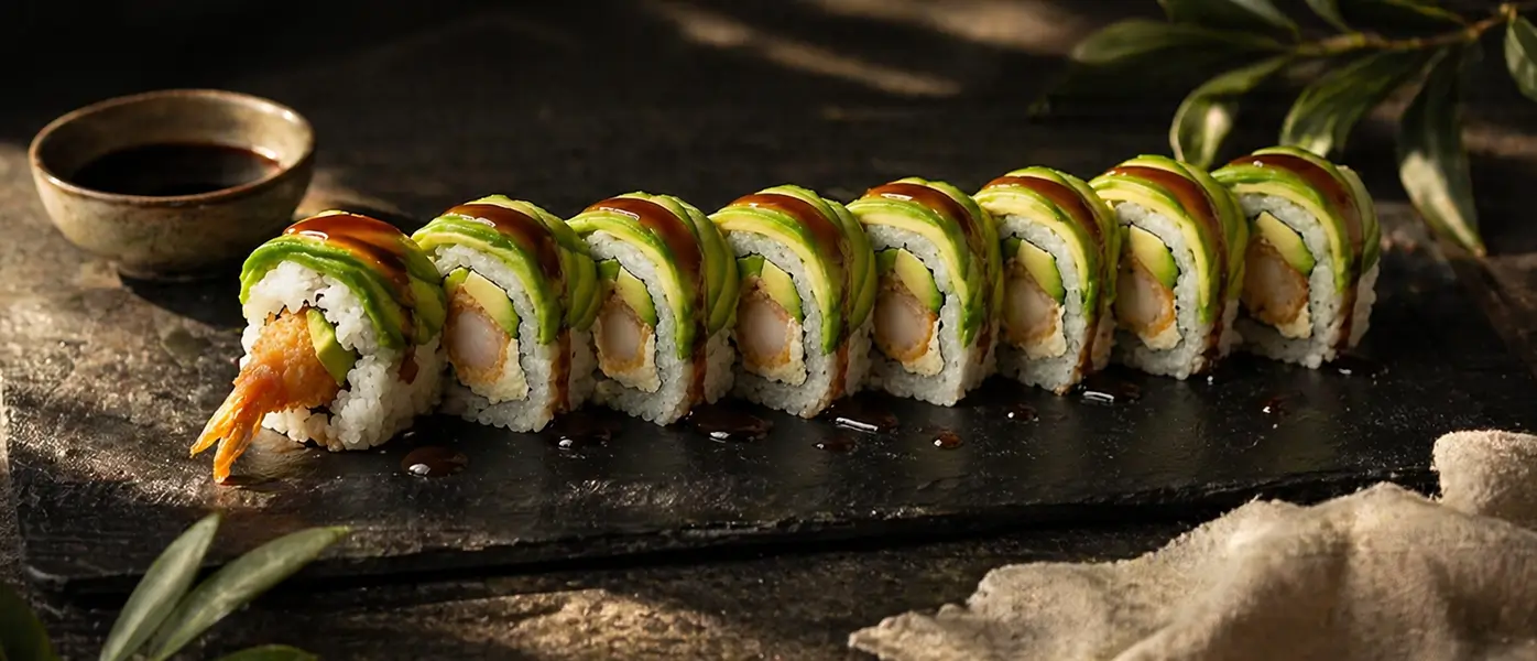 160. DRAGON ROLL <!-- SPECIAL SUSHI | Tempura Garnelen, Avocado, Frischkäse, bedeckt mit Avocado Soße: Teriyaki Sauce -->