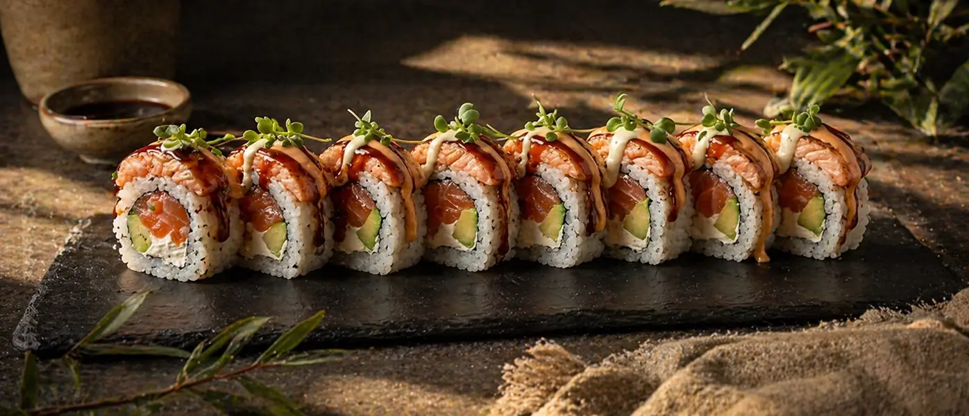 166. FIRE SALMON ROLL <!-- SPECIAL SUSHI | Lachs, Avocado, Frischkäse, flambierter Lachs, Kresse Soße: 3 Soßen -->