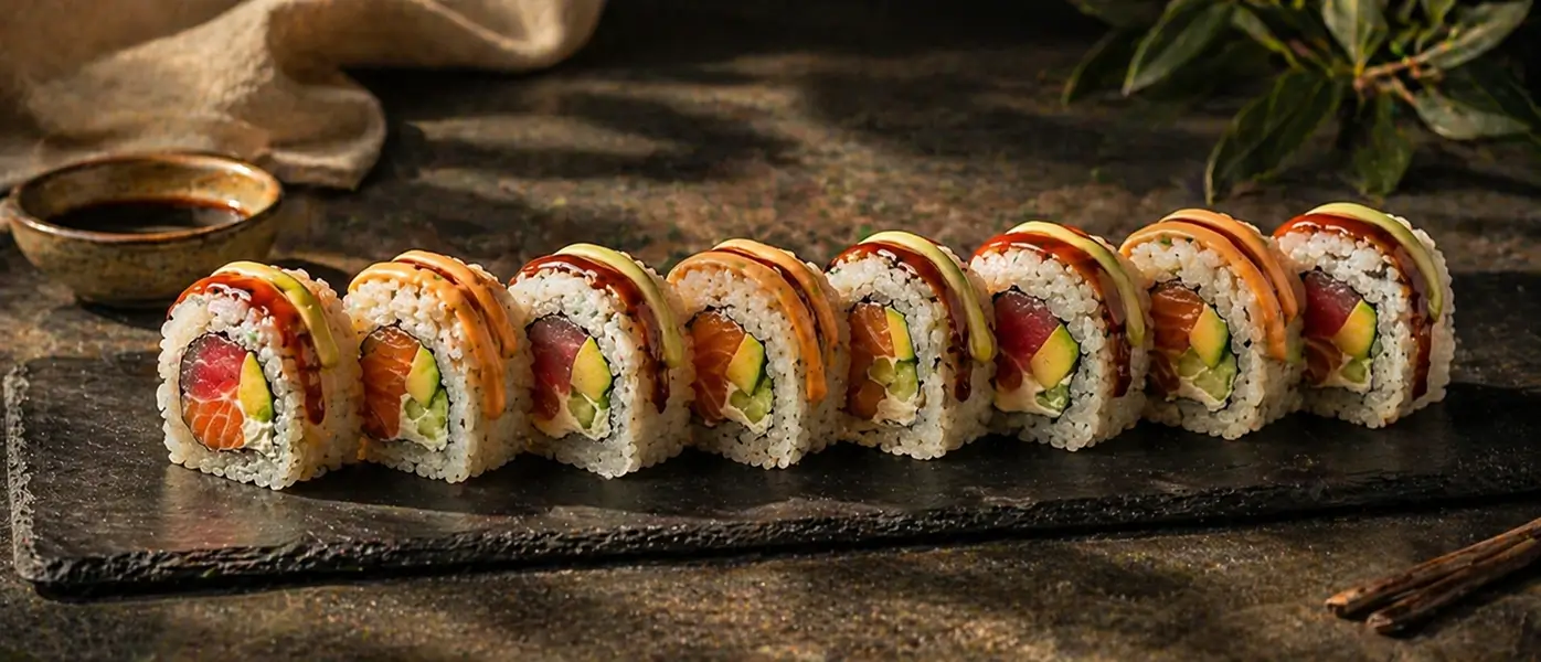 162. RAINBOW ROLL <!-- SPECIAL SUSHI | Lachs, Thunfisch, Avocado, Gurke, Frischkäse Soße: 3 Soßen -->