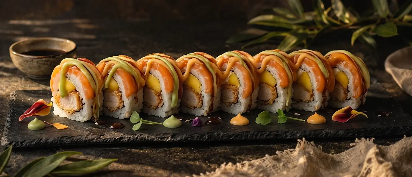 163. SAMURAI ROLL <!-- SPECIAL SUSHI | Panierte Ente, Mango, Frischkäse, bedeckt mit Lachs Soße: 3 Soßen -->